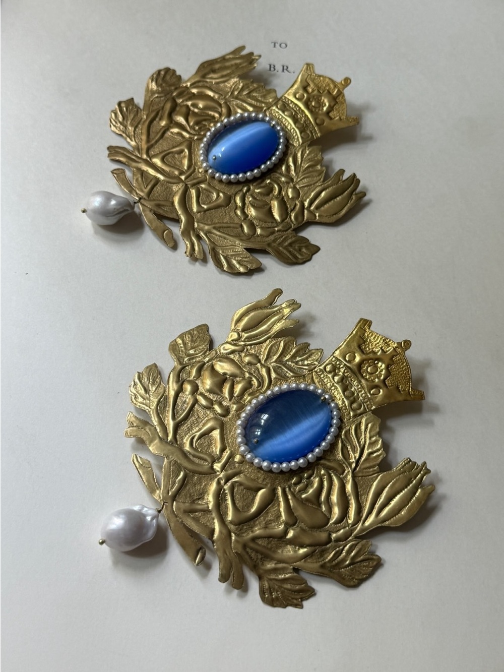Blue and Gold Floral Crown Drop Earrings - Women Jewelry